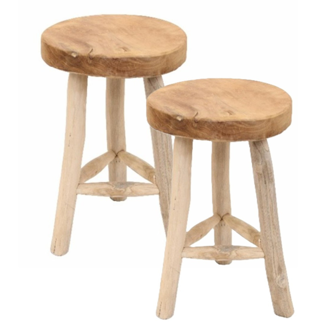 Van der Leeden Houten kruk - 2x - D30 x H45 cm - naturel - teakhout - zitkrukje - krukjes -
