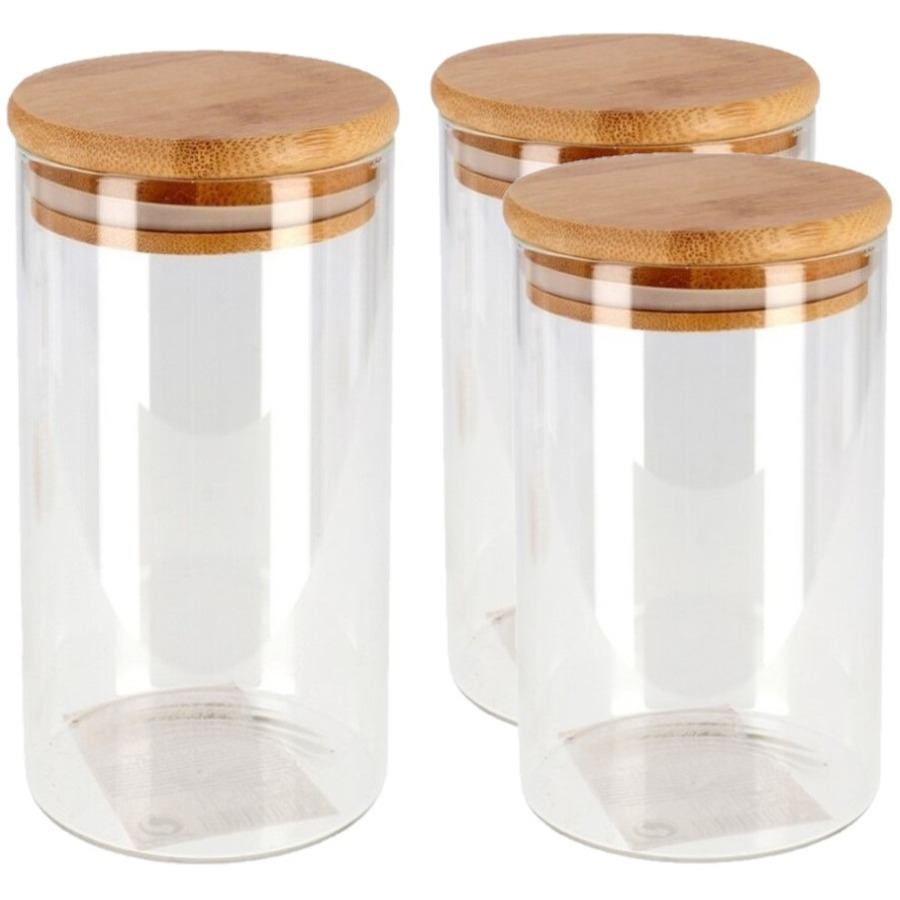 Merkloos Set van 3x luxe glazen bewaarpotten/voorraadpotten met houten deksel 1x 1700 ml en 2x 1300 ml -