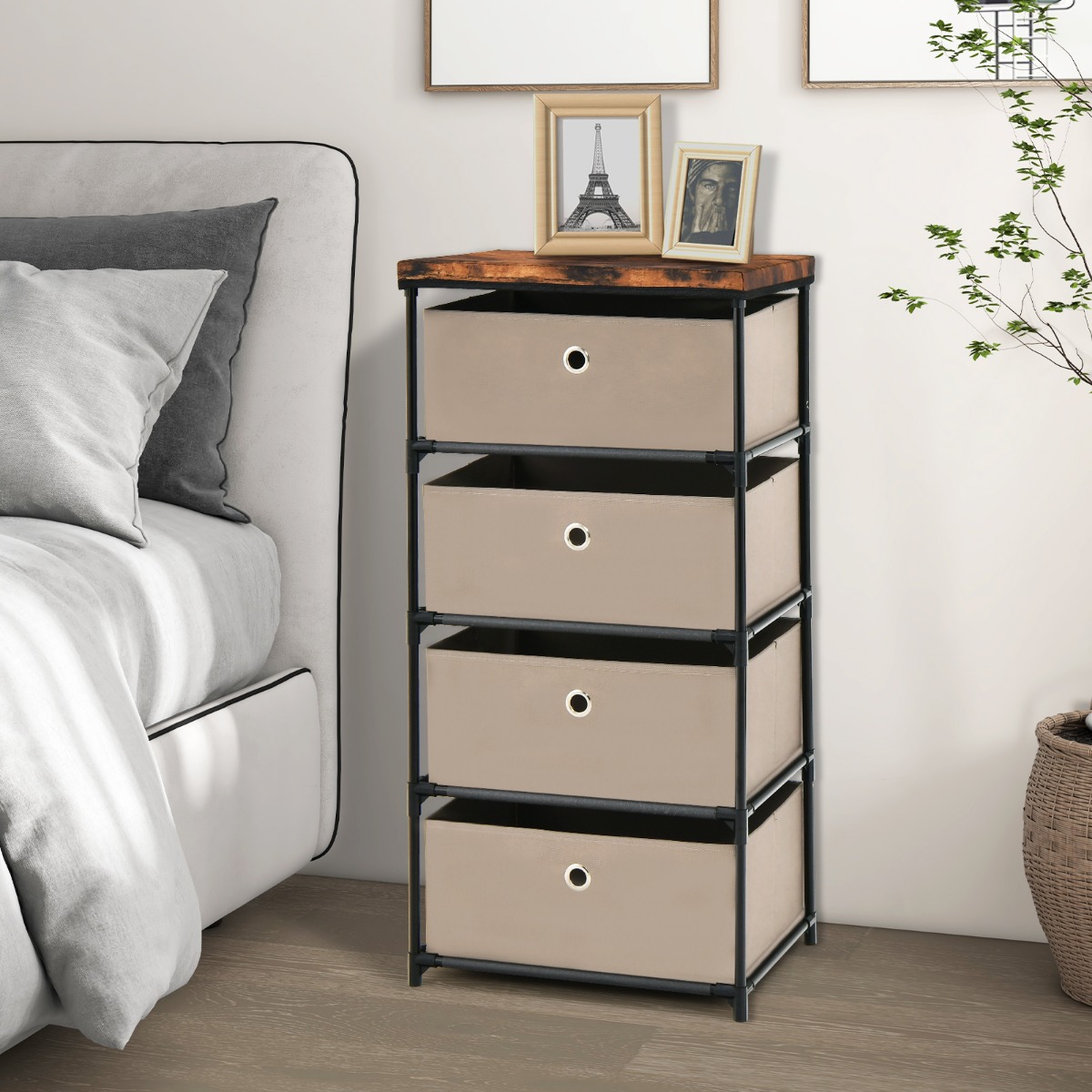 Costway Nachtkastje met Stoffen Laden Bijzettafel met Metalen Frame Opbergkast Stoffen Commode voor Slaapkamer Woonkamer (Bruin, 4 Laden)