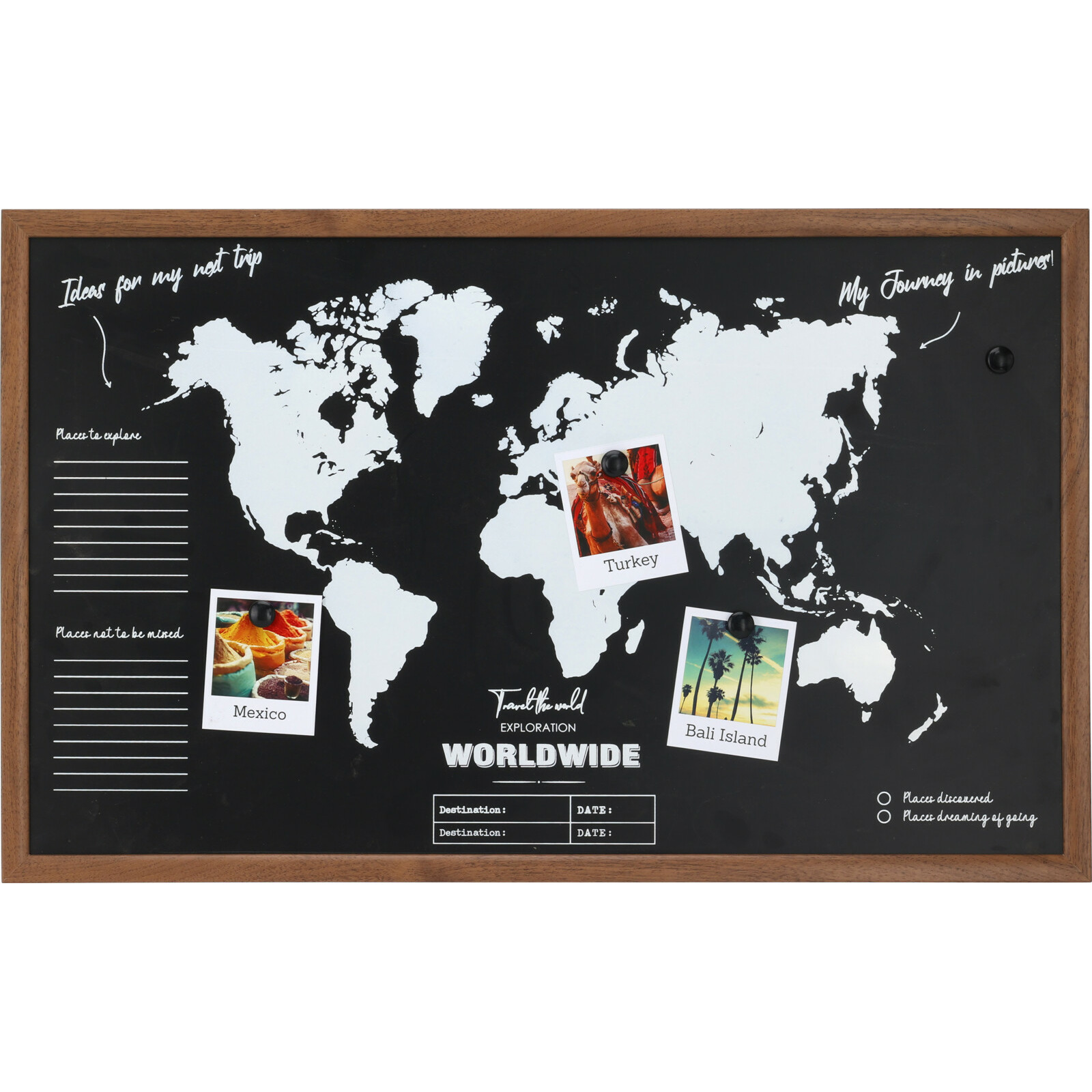 Merkloos Krijtbord/memobord wereldkaart - mdf - ophangoog - 78 x x 15 cm - reizen - wereldreis -