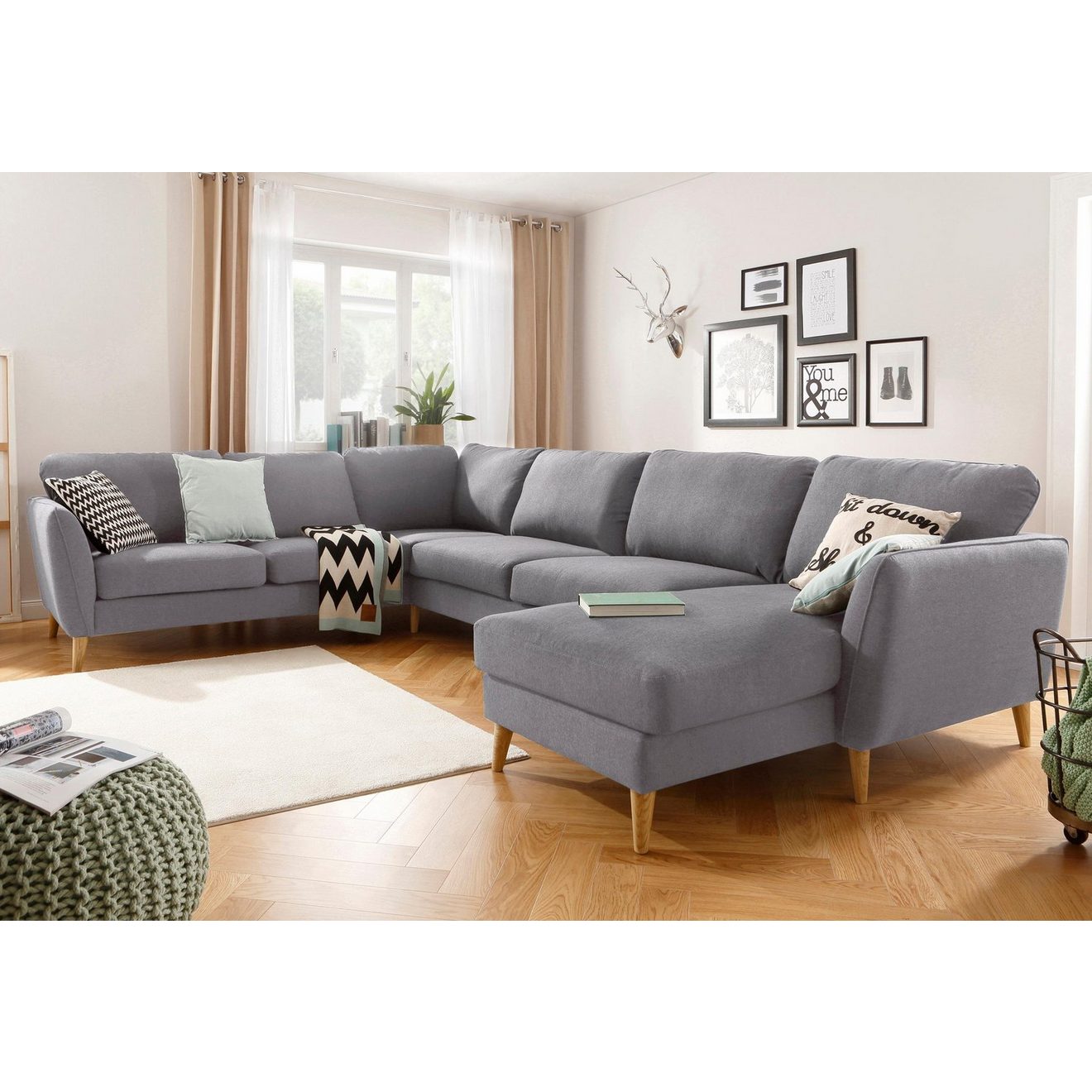 Home affaire Zithoek MARSEILLE XXL 349cm, U-vorm, ottomane rechts/links kiesbaar Massief houten poten van eiken, in verschillend overtrekken en kleurvarianten
