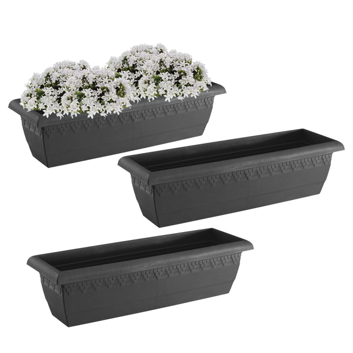 Hega Hogar Plantenbak Jardinera - 3x - antraciet - rechthoekig - 60x20 cm -