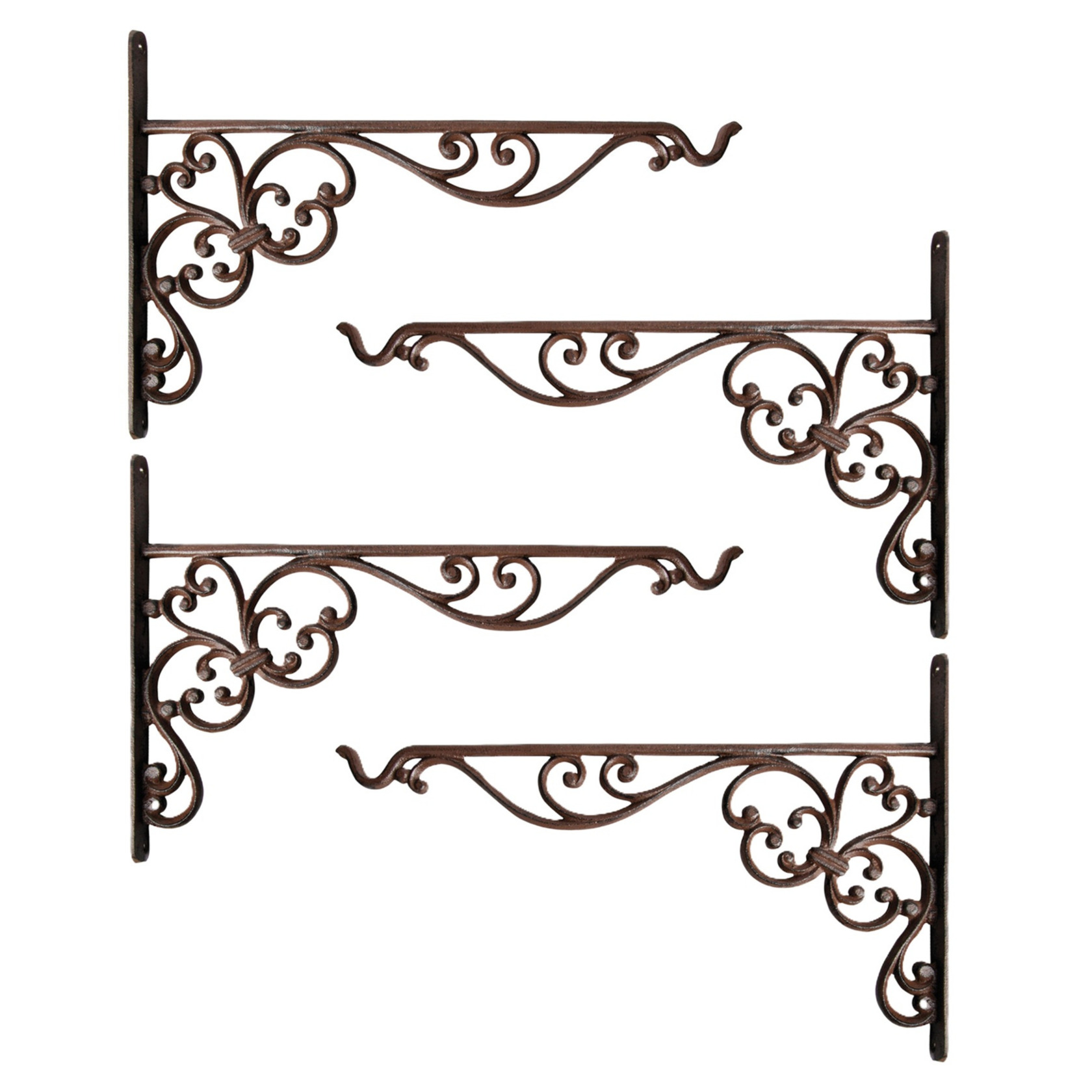 Esschert Design Muurhaak - 4x - sierkrullen - bruin -35 x 25 cm - voor plantenpotten -gietijzer -