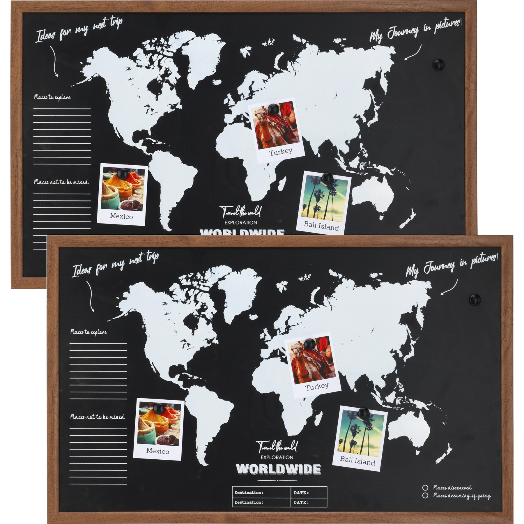 Merkloos Krijtbord/memobord wereldkaart - 2x - mdf - ophangoog - 78 x x 15 cm - reizen - wereldreis -