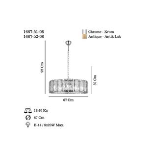 Lucea H&auml;ngelampe Orvin, messing antik, &Oslash; 67 cm, Glas/Metall 8-flg.