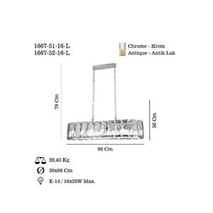 Lucea H&auml;ngelampe Orvin, messing antik 96x30 cm Glas/Metall 16-flg.