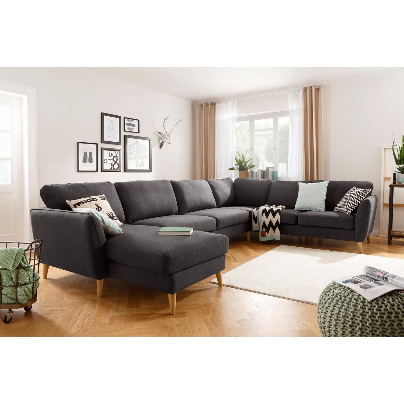 Home affaire Zithoek MARSEILLE XXL 349cm, U-vorm, ottomane rechts/links kiesbaar Massief houten poten van eiken, in verschillend overtrekken en kleurvarianten