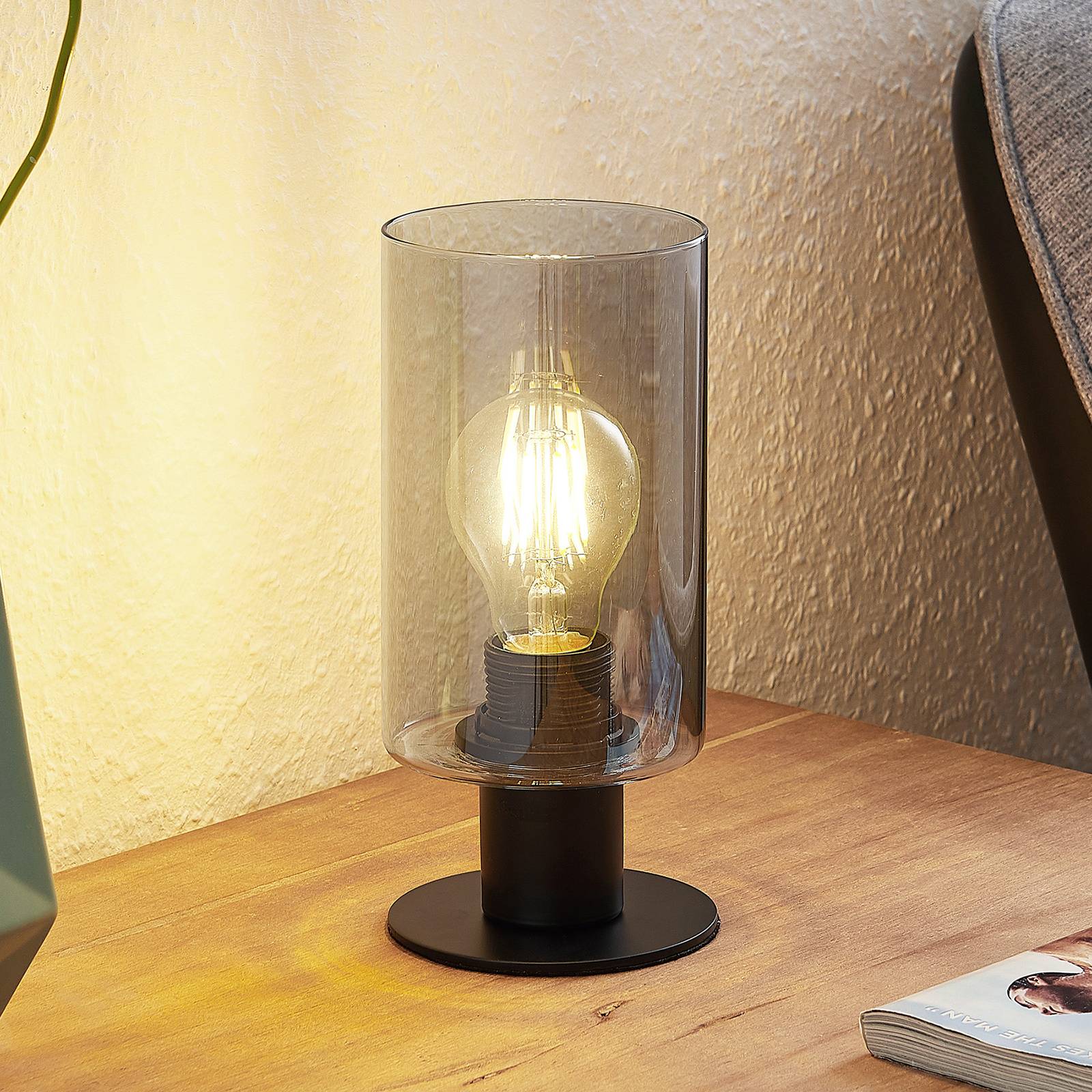LINDBY Emavi tafellamp, zwart/rookgrijs, glas, E27