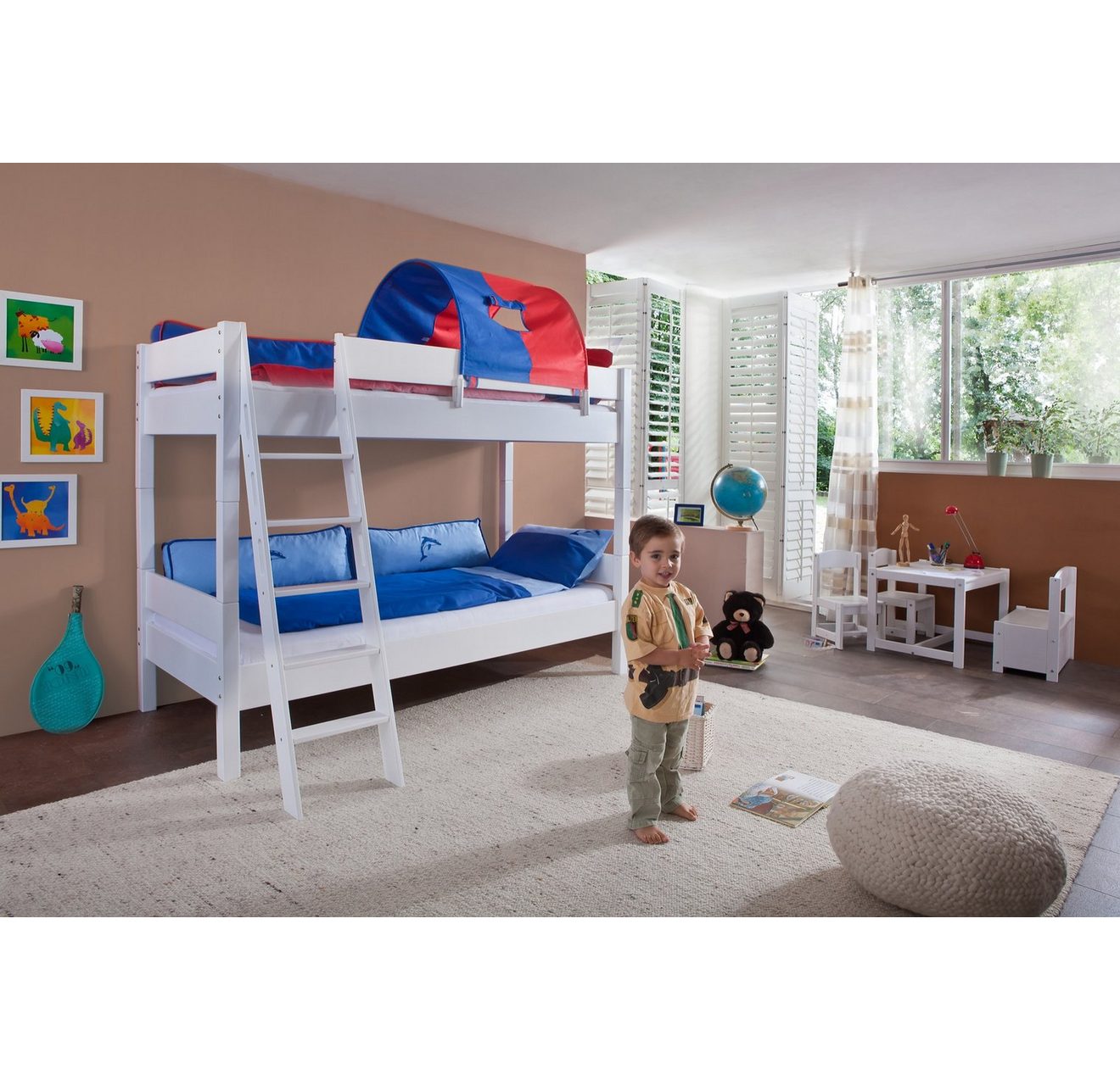 Relita Stapelbed Stefan incl. oprolbaar lattenbodem, met ladder en valbeveiliging, textiel set, beuken
