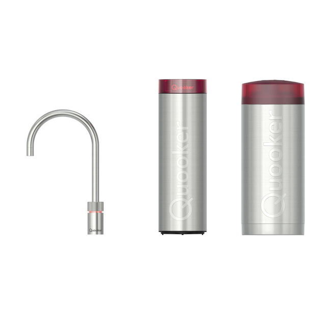 Quooker Nordic Round kokendwaterkraan - draaibare uitloop - Combi incl. Cube reservoir - Warm / kokend / bruisend / gefilterd water - RVS 22NRRVS-CUBE