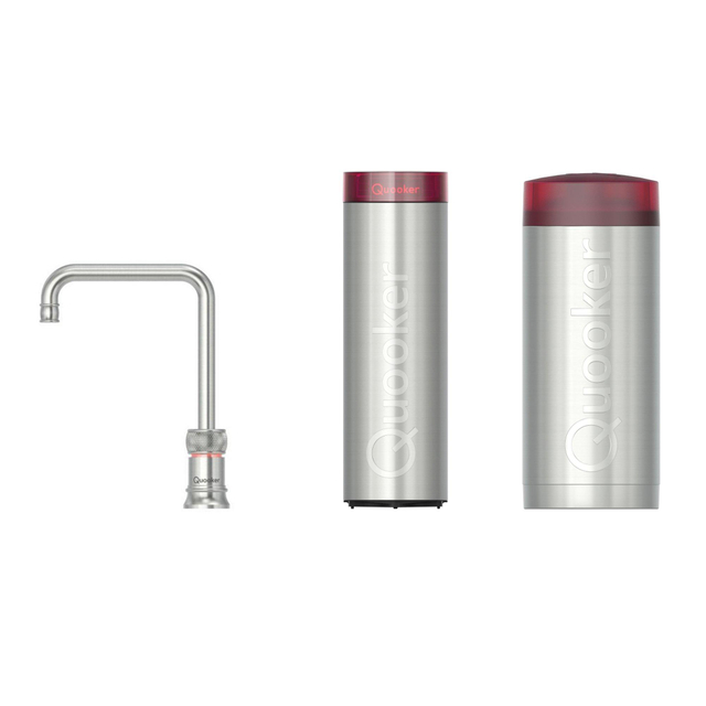 Quooker Classic Nordic Square kokendwaterkraan - draaibare uitloop - Combi incl. Cube reservoir - Warm / kokend / bruisend / gefilterd water - RVS 22CNSRVS-CUBE