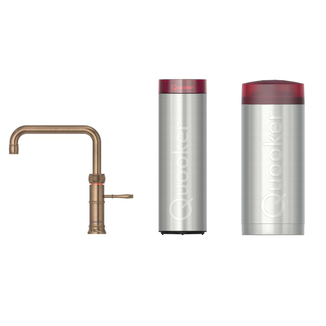 Quooker Classic Fusion Square kokendwaterkraan - draaibare uitloop - Combi+ incl. Cube reservoir - Warm / kokend / bruisend / gefilterd water - Messing patina 22+CFSPTN-CUBE