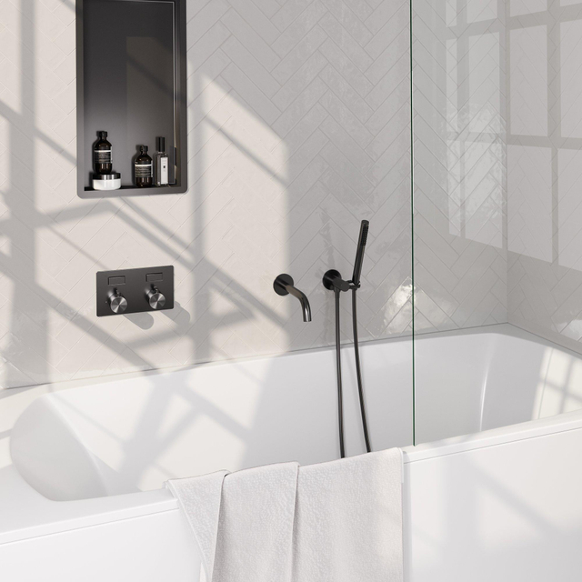 Brauer gunmetal Edition thermostatische inbouw badkraan - drukknoppen SET 03 - uitloop - staaf handdouche - doucheslang - wandaansluitbocht - gunmetal geborsteld PVD 5-GM-210