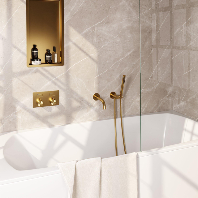 Brauer Gold Edition thermostatische inbouw badkraan - drukknoppen SET 03 - uitloop - staaf handdouche - doucheslang - wandaansluitbocht - goud geborsteld PVD 5-GG-210