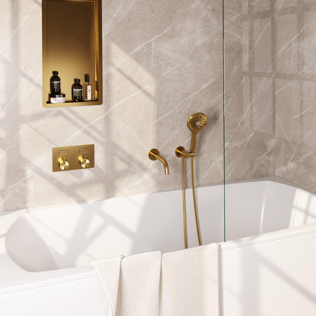 Brauer Gold Edition thermostatische inbouw badkraan - drukknoppen SET 04 - uitloop - 3 standen handdouche - doucheslang - wandaansluitbocht - goud geborsteld PVD 5-GG-211