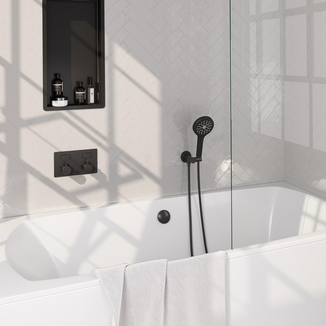 Brauer Black Edition thermostatische inbouw badkraan - drukknoppen SET 04 - badvulcombinatie - 3 standen handdouche - doucheslang - wandaansluitbocht - zwart mat 5-S-209