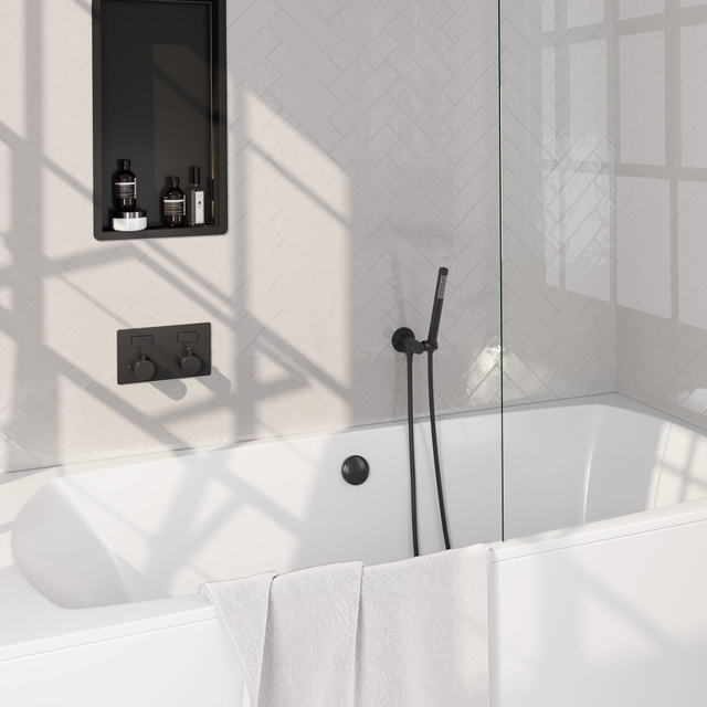 Brauer Black Edition thermostatische inbouw badkraan - drukknoppen SET 03 - badvulcombinatie - staaf handdouche - doucheslang - wandaansluitbocht - zwart mat 5-S-208