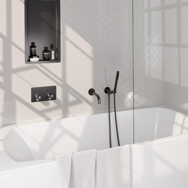 Brauer gunmetal Carving thermostatische inbouw badkraan - drukknoppen SET 03 - uitloop - staaf handdouche - doucheslang - wandaansluitbocht - gunmetal geborsteld PVD 5-GM-214