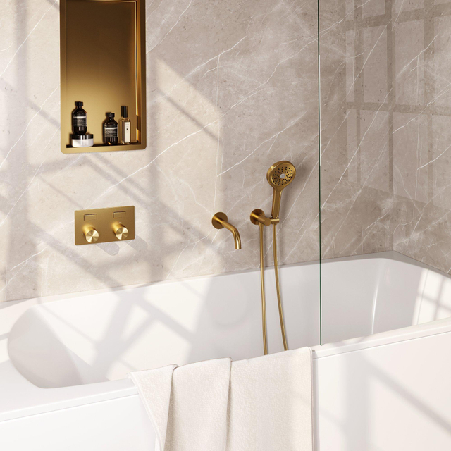 Brauer Gold Carving thermostatische inbouw badkraan - drukknoppen SET 04 - uitloop - 3 standen handdouche - doucheslang - wandaansluitbocht - goud geborsteld PVD 5-GG-215