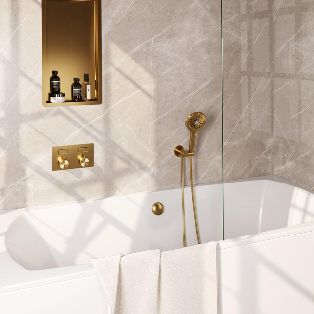 Brauer Gold Edition thermostatische inbouw badkraan - drukknoppen SET 04 - badvulcombinatie - 3 standen handdouche - doucheslang - wandaansluitbocht - goud geborsteld PVD 5-GG-209
