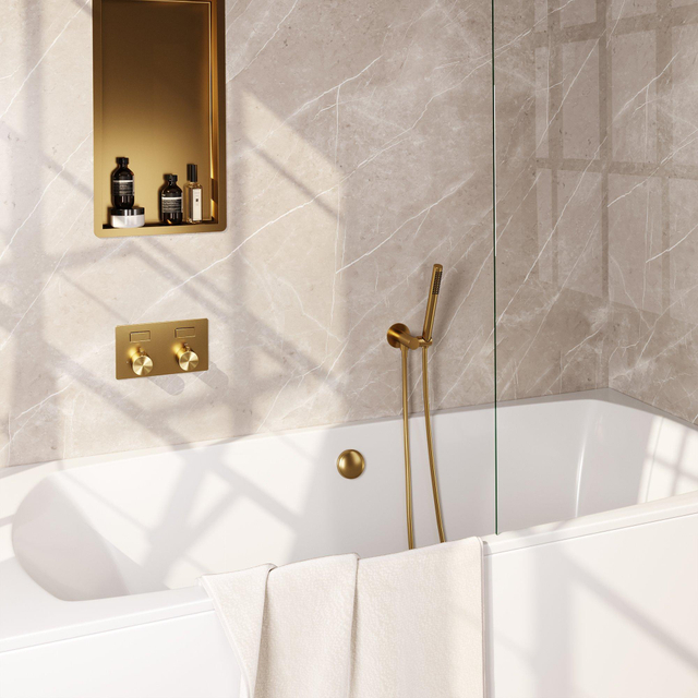 Brauer Gold Edition thermostatische inbouw badkraan - drukknoppen SET 03 - badvulcombinatie - staaf handdouche - doucheslang - wandaansluitbocht - goud geborsteld PVD 5-GG-208