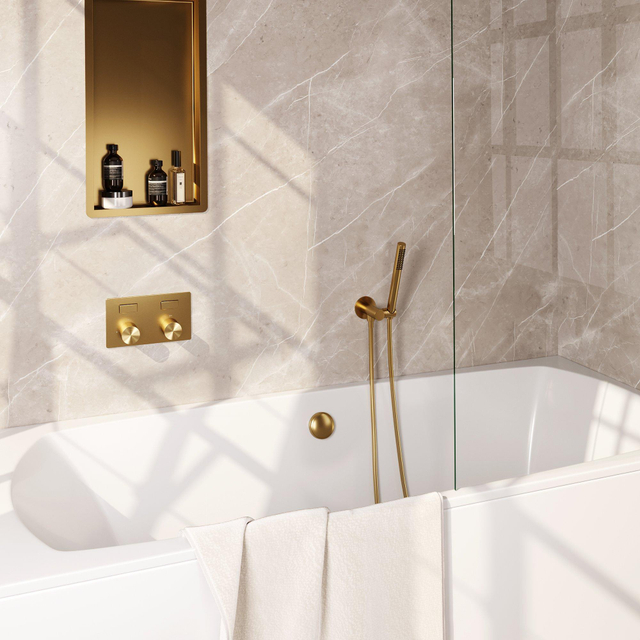 Brauer Gold Carving thermostatische inbouw badkraan - drukknoppen SET 03 - badvulcombinatie - staaf handdouche - doucheslang - wandaansluitbocht - goud geborsteld PVD 5-GG-212