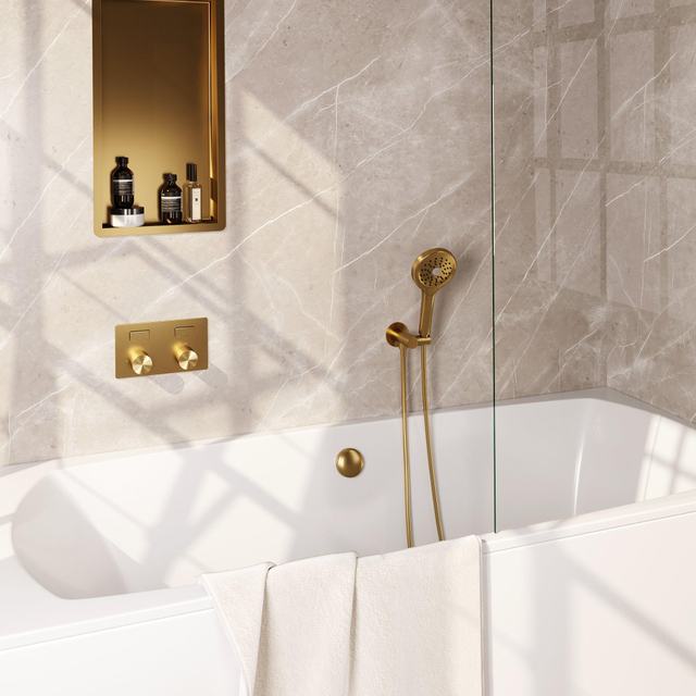 Brauer Gold Carving thermostatische inbouw badkraan - drukknoppen SET 04 - badvulcombinatie - 3 standen handdouche - doucheslang - wandaansluitbocht - goud geborsteld PVD 5-GG-213