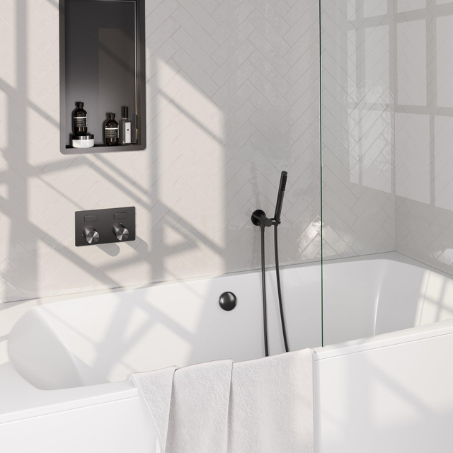 Brauer gunmetal Carving thermostatische inbouw badkraan - drukknoppen SET 03 - badvulcombinatie - staaf handdouche - doucheslang - wandaansluitbocht - gunmetal geborsteld PVD 5-GM-212