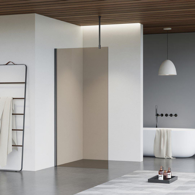 Fortifura Galeria inloopdouche - 90x200cm - rookglas - plafondarm - Geborsteld Gunmetal PVD SW797938/SW797907/SW804545