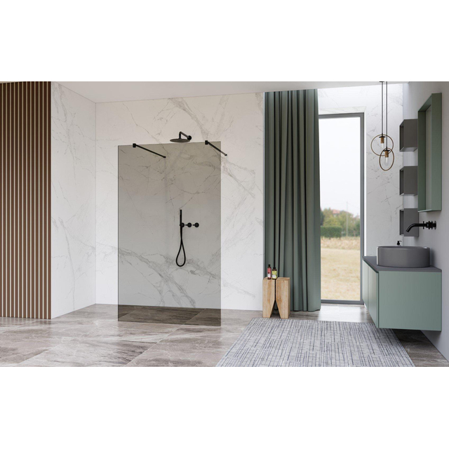 Fortifura Galeria Vrijstaande Inloopdouche - 90x200cm - Rookglas - antikalk - 8mm veiligheidsglas - wandsteunen - Zwart mat SW927767 2x/SW797938