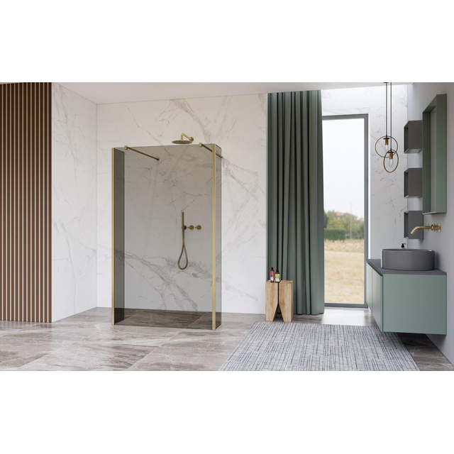 Fortifura Galeria Vrijstaande Inloopdouche - 90x200cm - Rookglas - antikalk - 8mm veiligheidsglas - wandsteunen - Geborsteld Messing PVD (Goud) SW927770 2x/SW797938