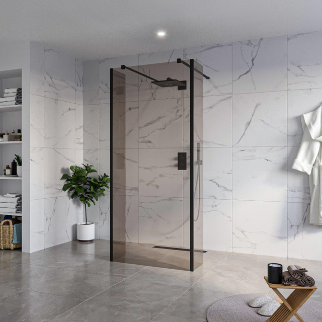 Fortifura Galeria Vrijstaande Inloopdouche - 90x200cm - Rookglas - antikalk - 8mm veiligheidsglas - 2 zijwanden 40cm - wandsteunen en hoekprofielen - Zwart mat SW927767 2x/SW797938/SW797934 2x/SW35802