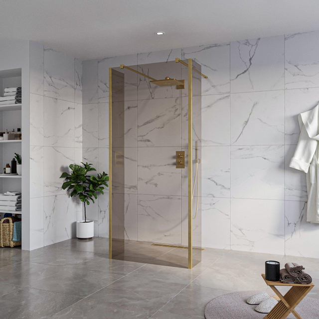 Fortifura Galeria Vrijstaande Inloopdouche - 90x200cm - Rookglas - antikalk - 8mm veiligheidsglas - 2 zijwanden 40cm - wandsteunen en hoekprofielen - Geborsteld Messing PVD (Goud) SW927770 2x/SW797938