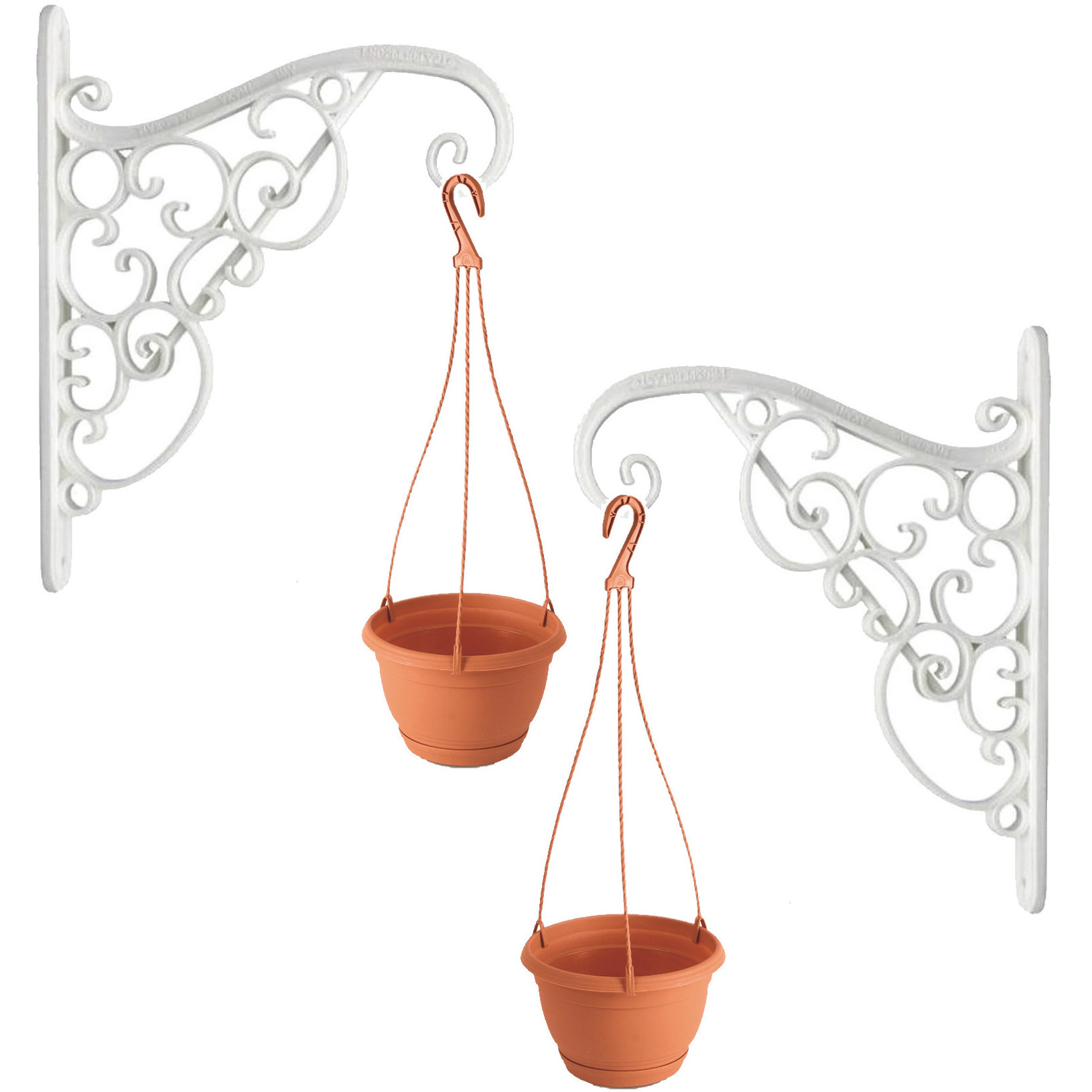 Merkloos Set van 2x stuks witte Akant sierlijke bloempothanger met hangende terracotta bloempot 2 liter -