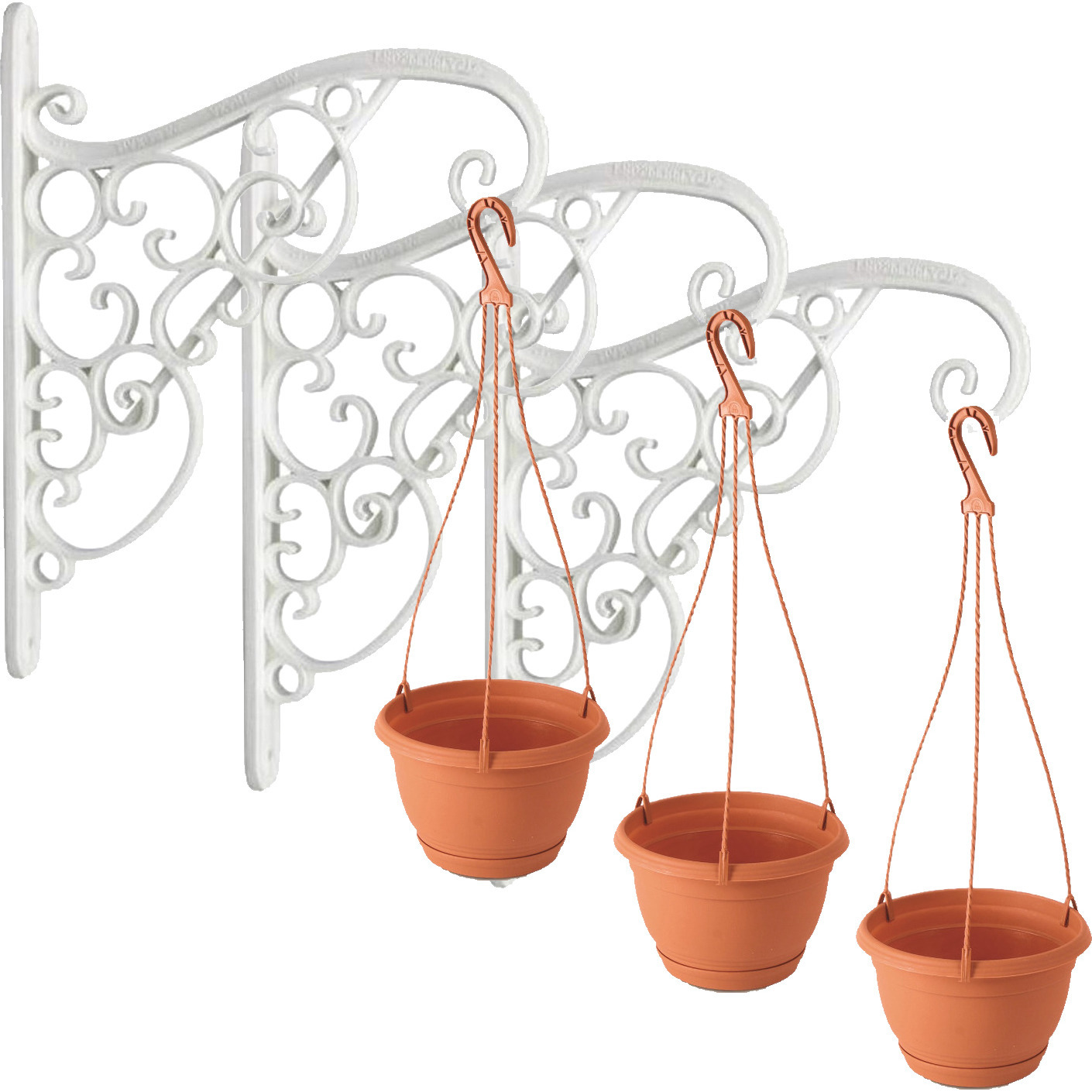 Merkloos Set van 3x stuks witte Akant sierlijke bloempothanger met hangende terracotta bloempot 2 liter -