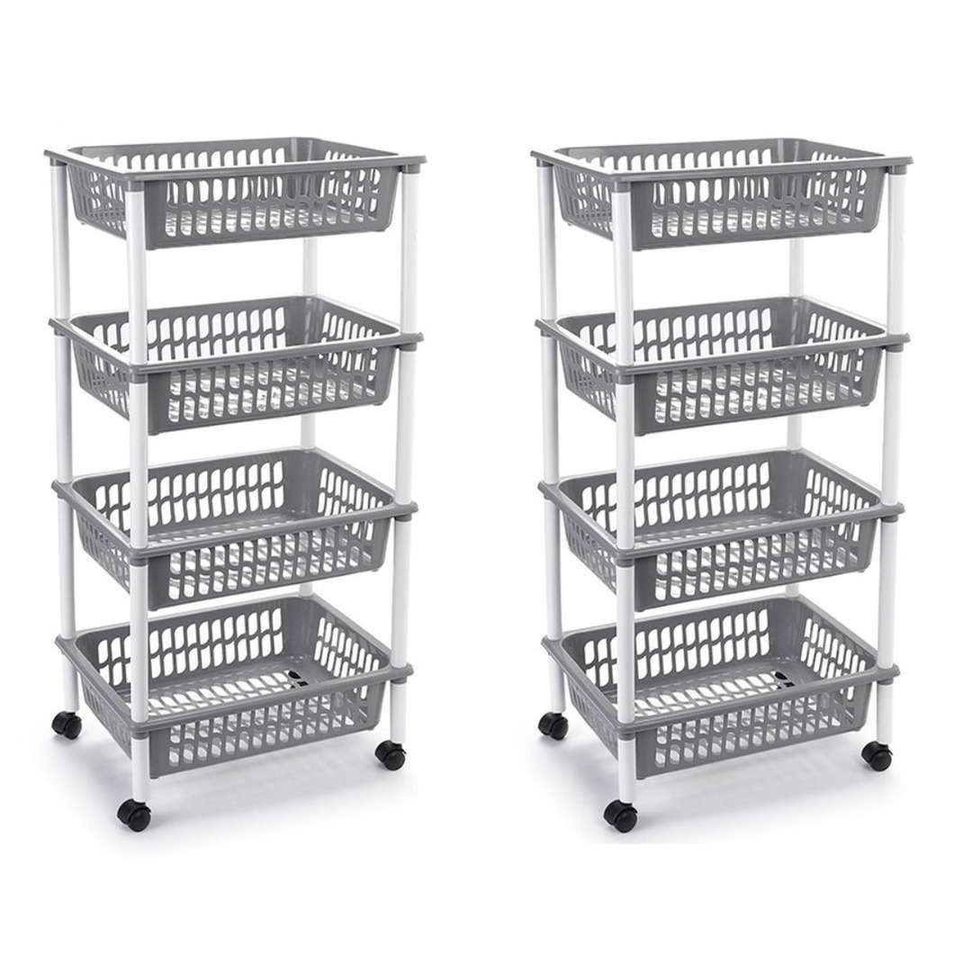 PlasticForte 2x stuks lichtgrijze opberg trolley/roltafel met 4 manden 85 cm -