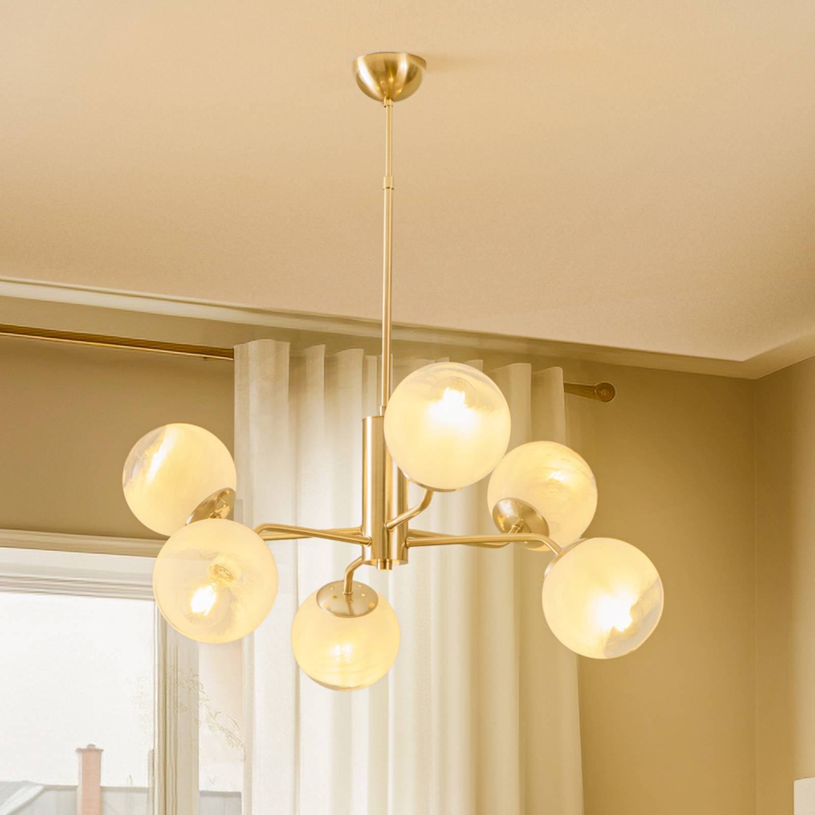 Lucea Kroonluchter Santon, antiek messing/wit, 6-lamps