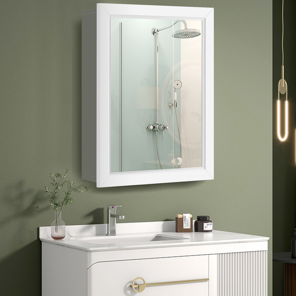 Costway Badkamerkast Wandmontage Opbergkast met Spiegel 50 x 16 x 66 cm Wit