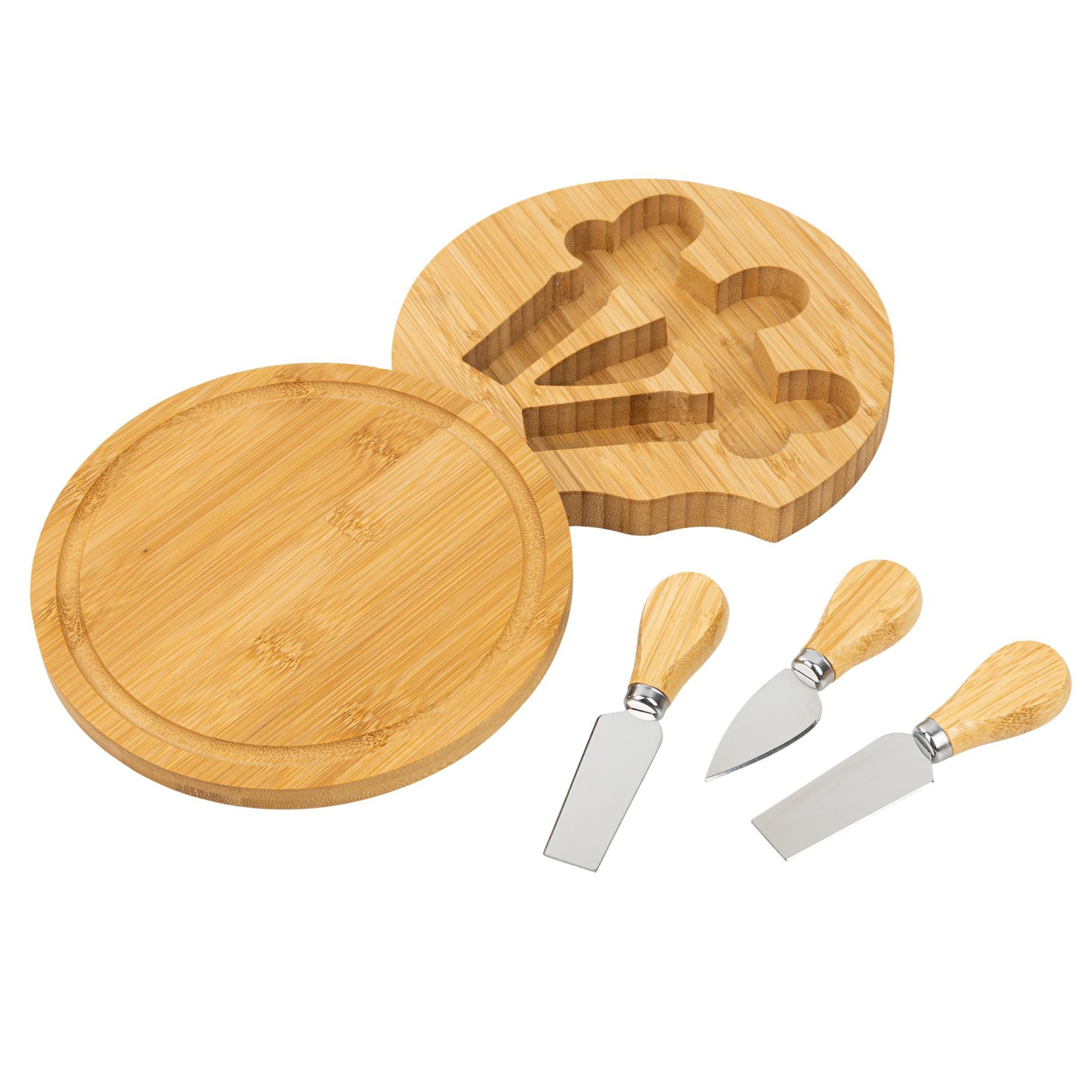 HI Borrelplank/kaasplank - met 3 kaasmesjes - bamboe hout - rond - D20 x H3 cm - serveerplank -