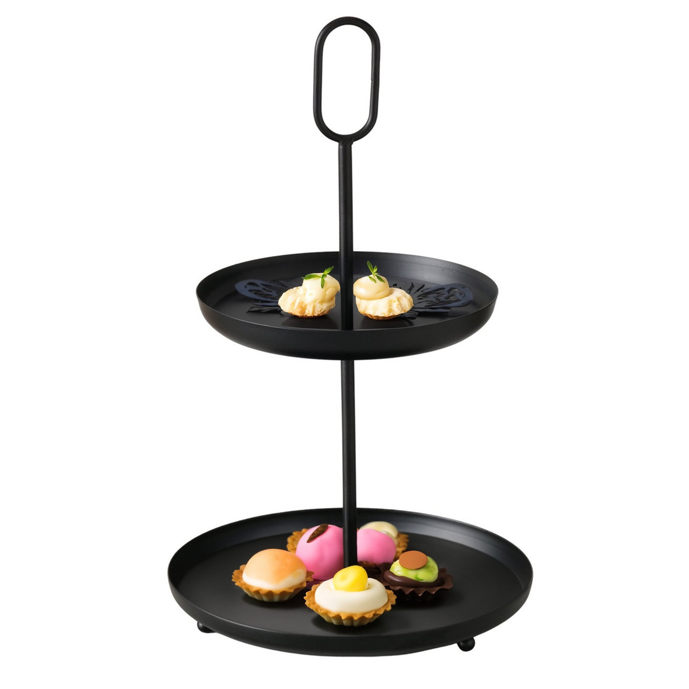 Boltze Etagere 2-laags - zwart - RVS - H34 cm - Hightea/tapas/koekjes/taartjes serveerschaal -