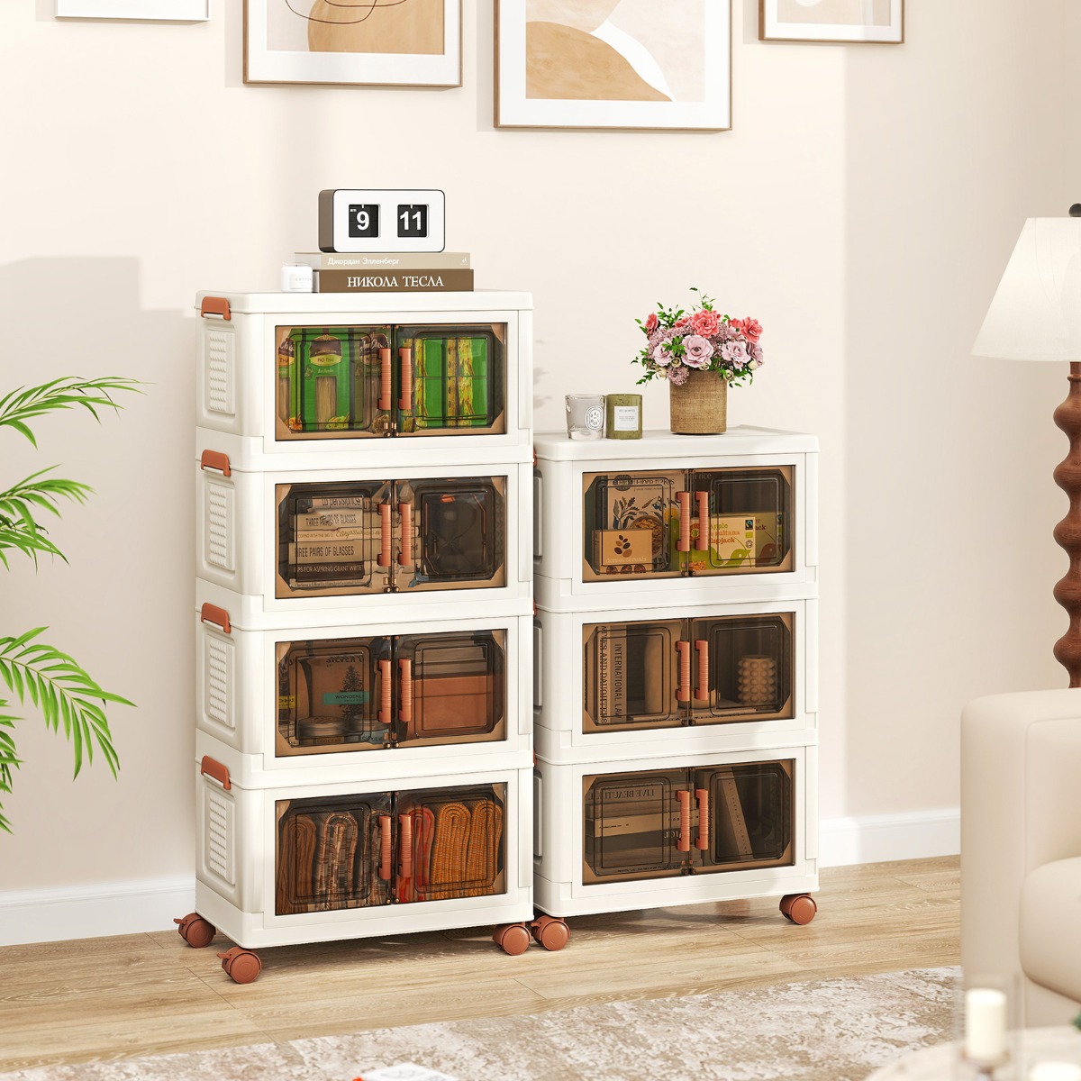 Costway 57L/76L Opvouwbare Opbergbakken met Deksels Set van 3/4 Stapelbare Kunststof Opbergbakken met Wielen Opbergbakken met Deuren