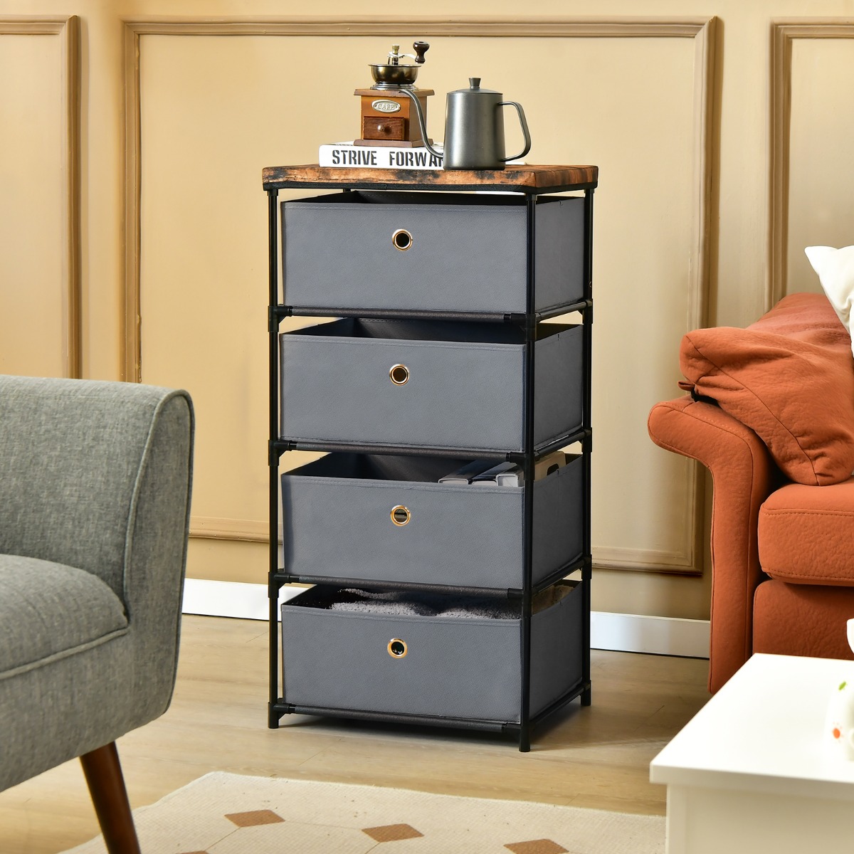 Costway Nachtkastje met Stoffen Laden Bijzettafel met Metalen Frame Opbergkast Stoffen Commode voor Slaapkamer Woonkamer (Grijs, 4 Laden)