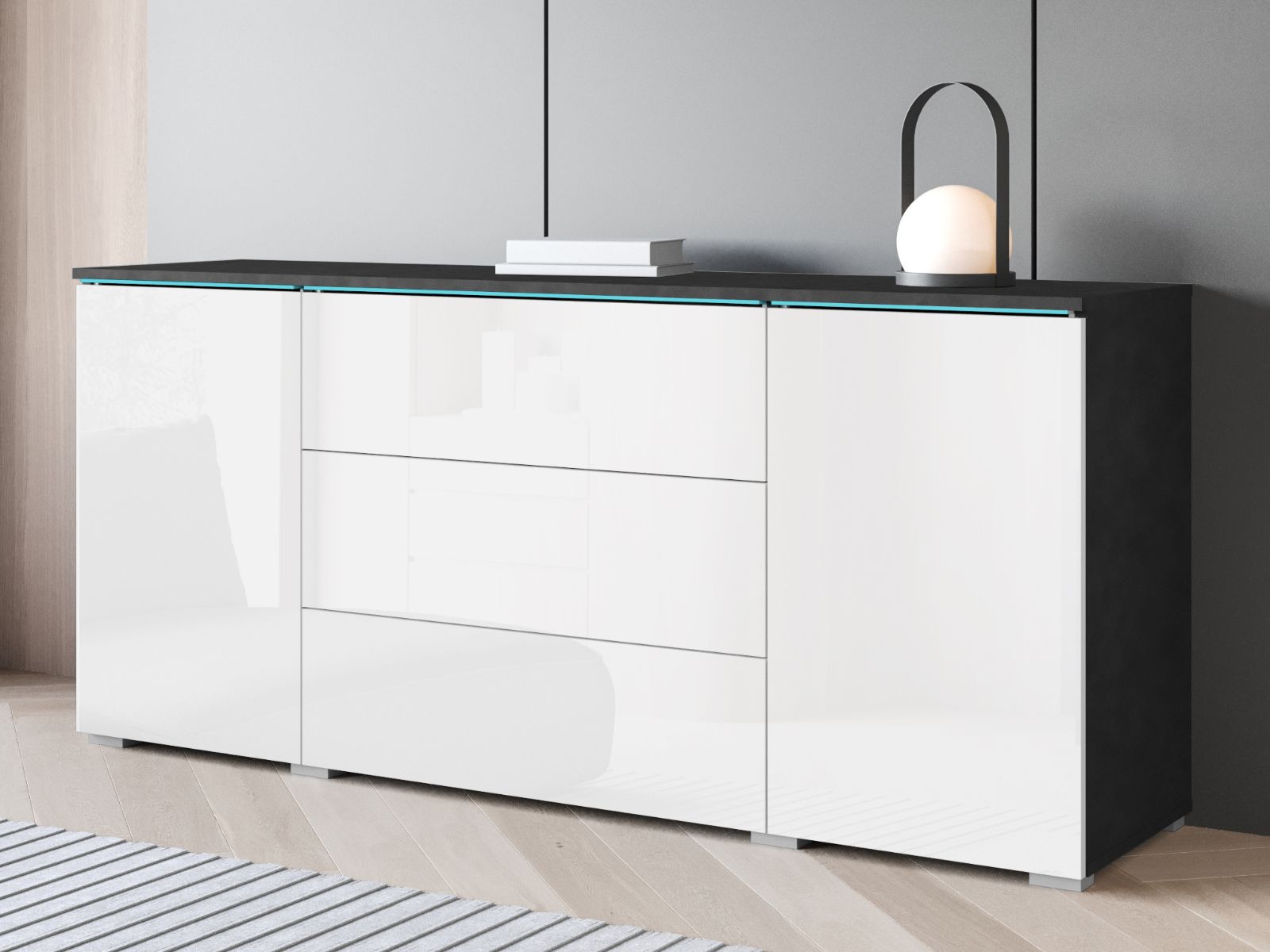 Mobistoxx Dressoir VITTORIO 2 deuren 3 lades grafiet/hoogglans wit met led