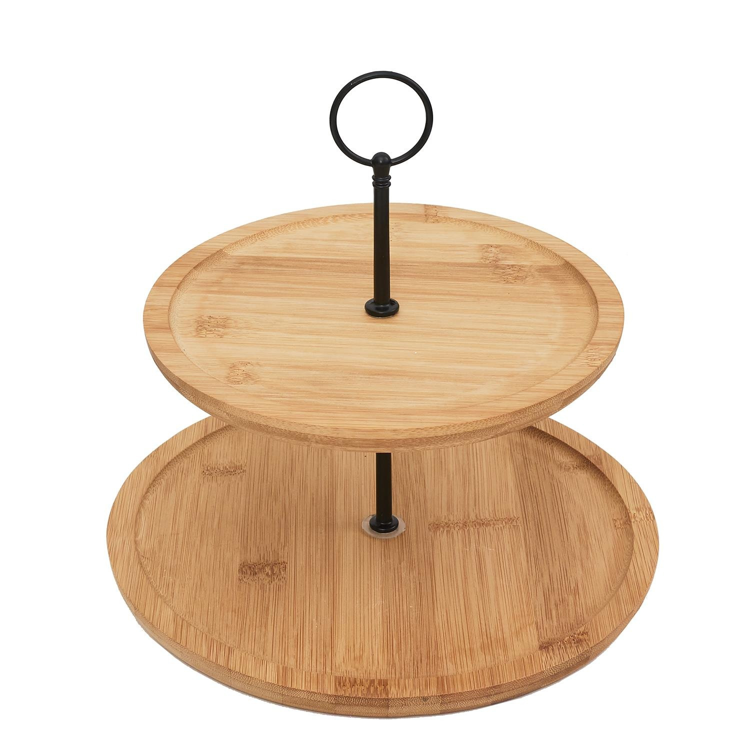 Secret de Gourmet Serveerplank 2 laags - D25 cm - bamboe/metaal - kaasplankje - borrelplank - etagiere -