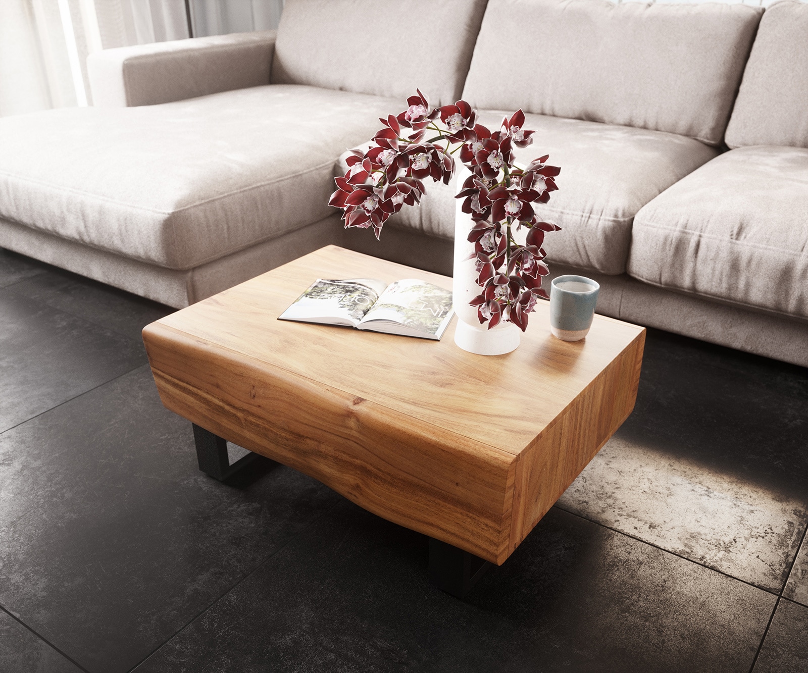 DELIFE Couchtisch New Live-Edge 80x60 cm Akazie Natur 2 Schubladen Kufe Metall Schwarz