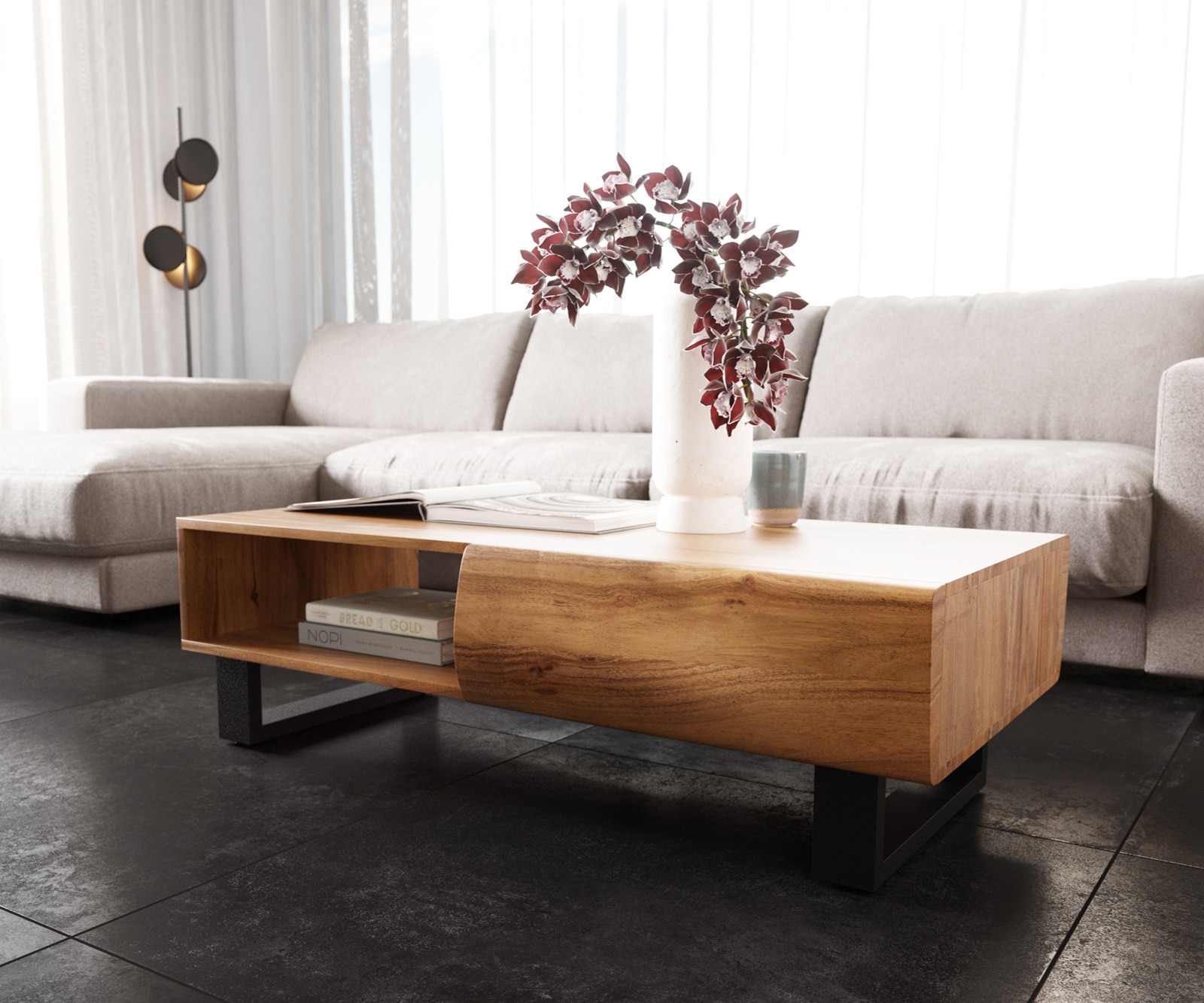 DELIFE Couchtisch New Live-Edge 115x60 cm Akazie Natur 2 Schubladen 1 Fach Kufe Metall Schwarz