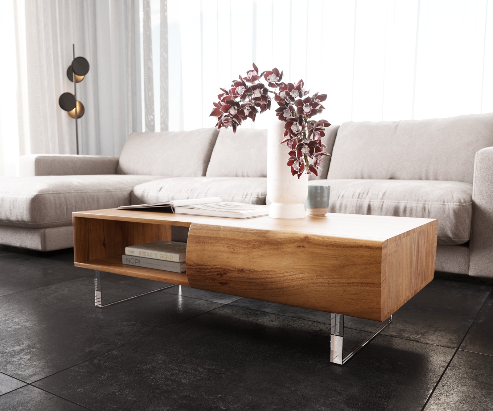 DELIFE Couchtisch New Live-Edge 115x60 cm Akazie Natur 2 Schubladen 1 Fach Acrylfuß