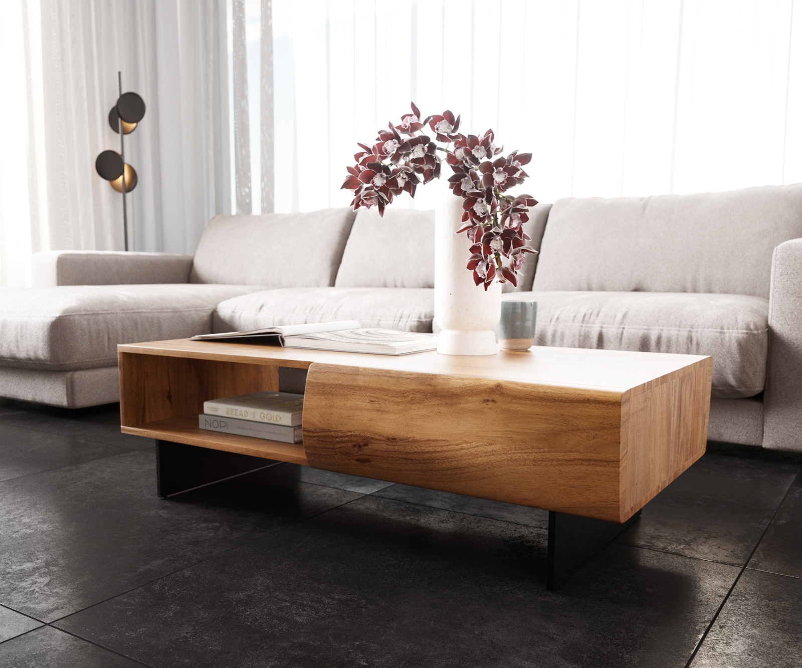 DELIFE Couchtisch New Live-Edge 115x60 cm Akazie Natur 2 Schubladen 1 Fach Fuß schwebend Metall Schwarz