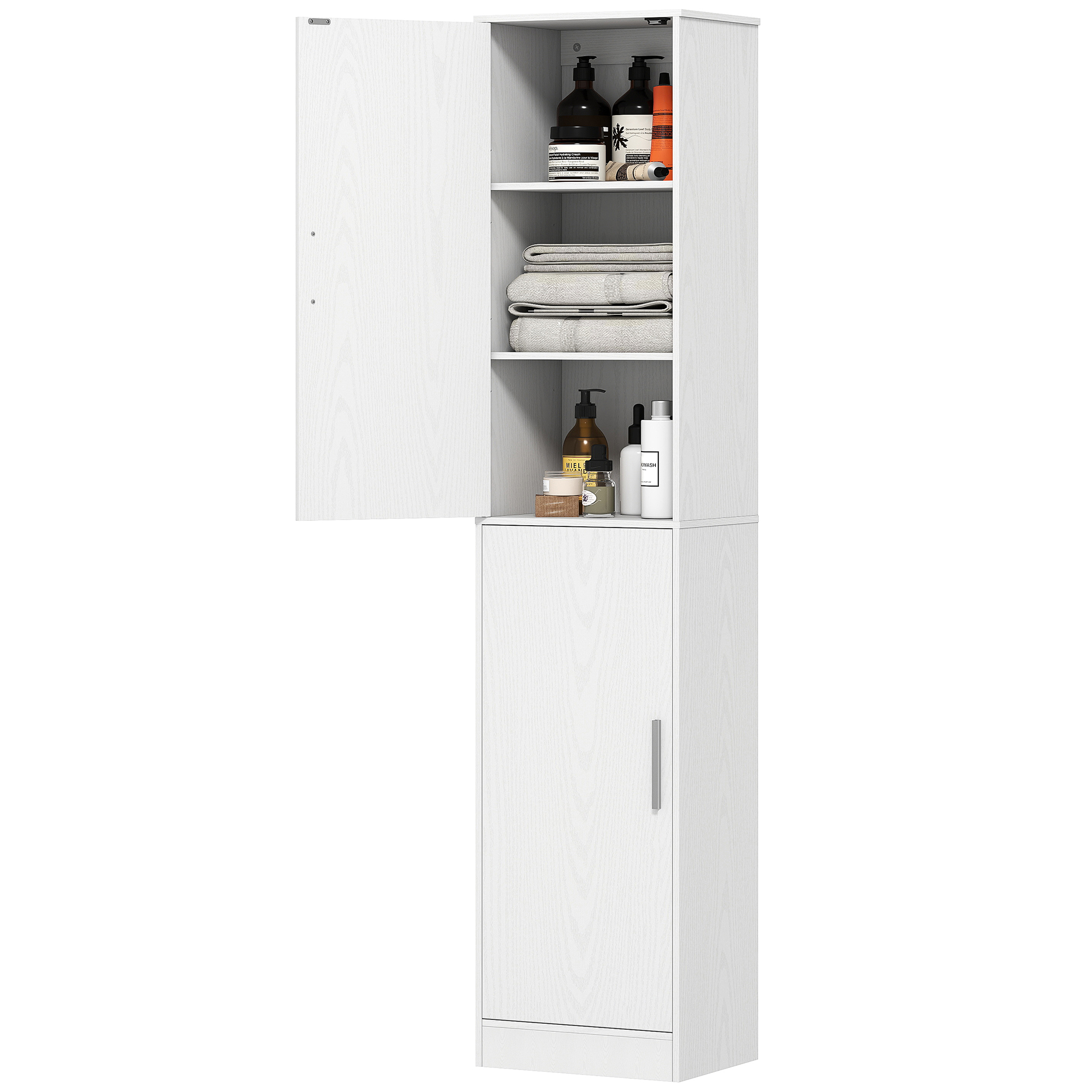 HOMCOM 180 cm Hoge Badkamerkast, Smalle Opbergkast met 2 Deuren, 4 Verstelbare Planken, Spaanplaat, MDF, Wit