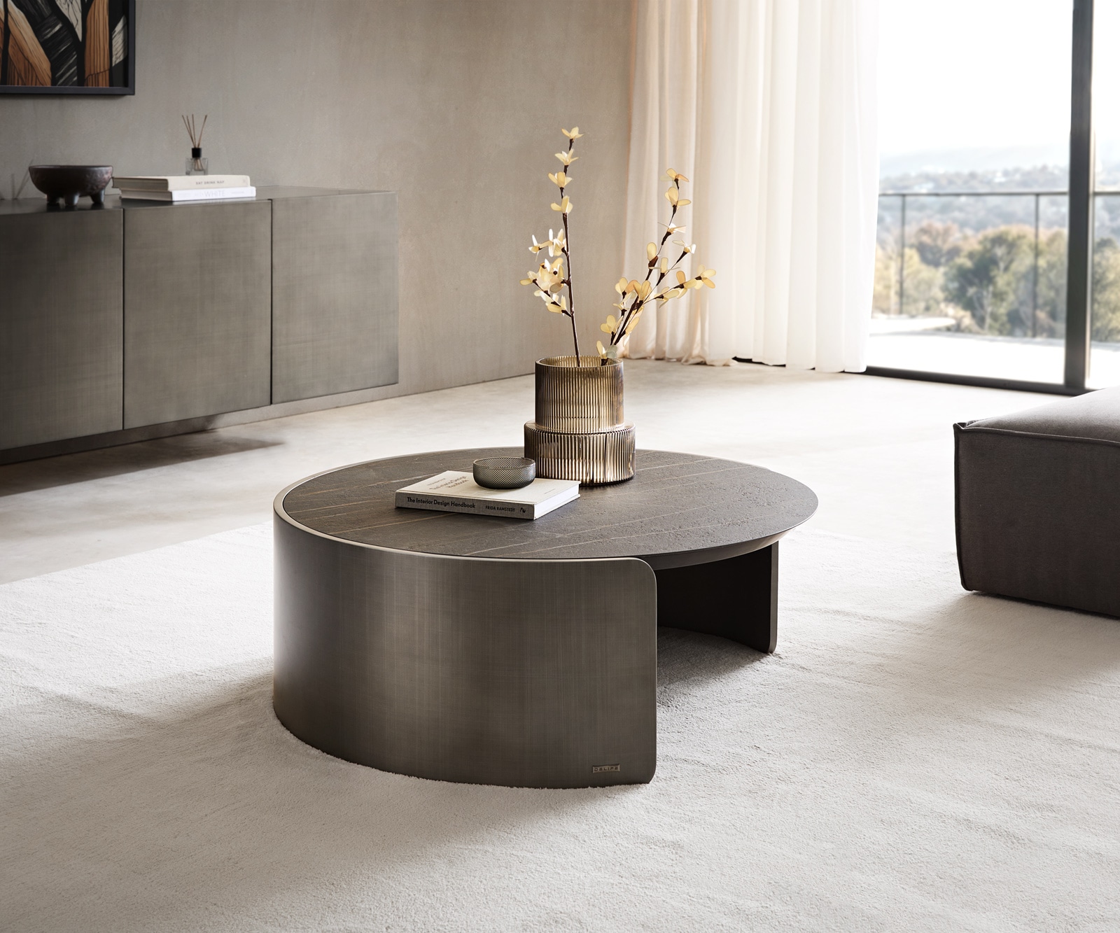 DELIFE Couchtisch Haru 90x35 cm Keramik Laminam Noir Desir Braun Metallic Silber
